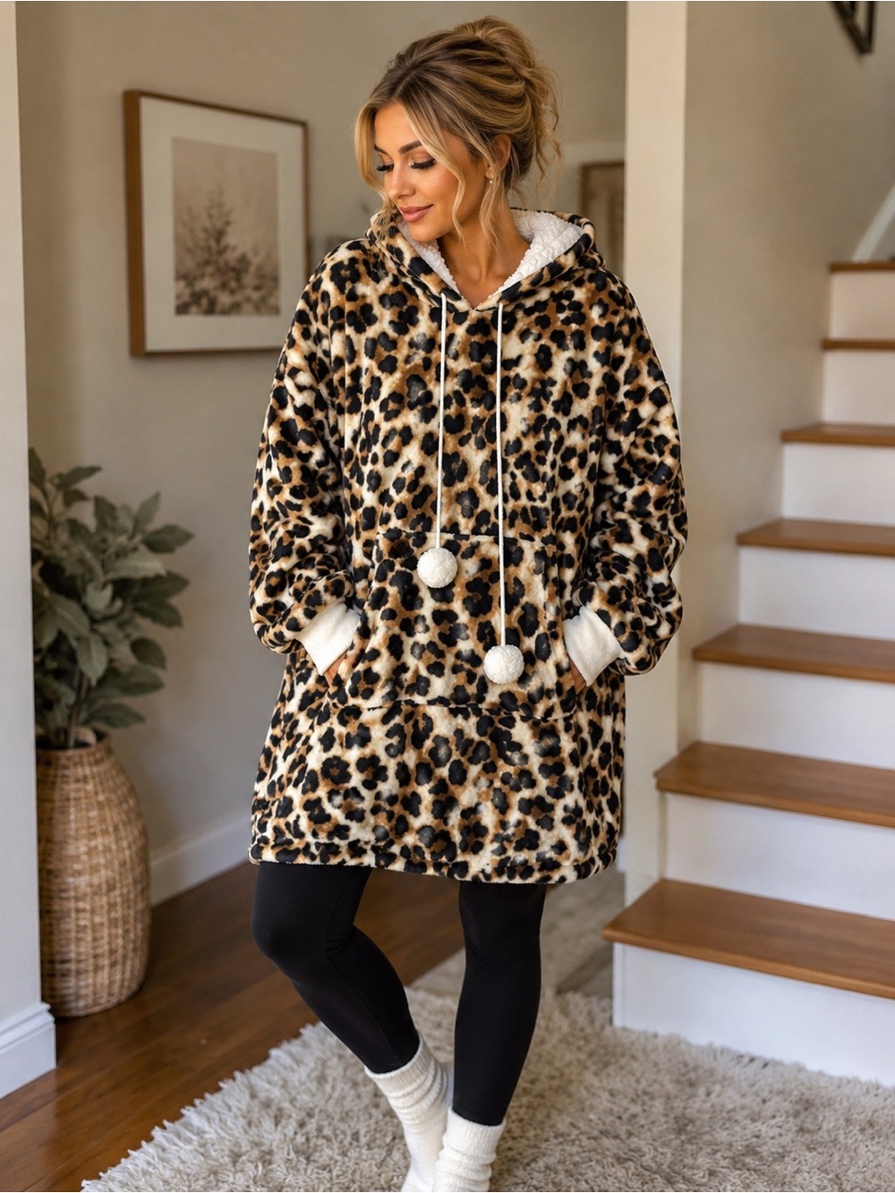 Harper Leopard Print Plush Hooded Pullover Sherpa Lined Cozy Lounge Top Size SM